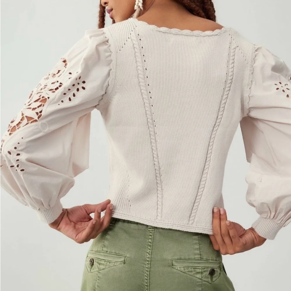 NWoT By Anthropologie Cutwork Puff-Sleeve Sweater women color pearl size Small - Picture 4 of 16